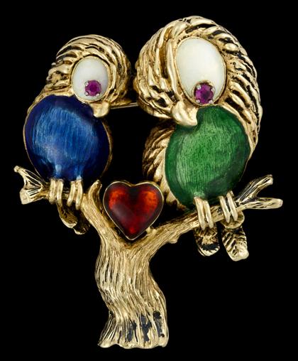 Appraisal: karat yellow gold ruby and enamel 'love bird' brooch MartineTwo