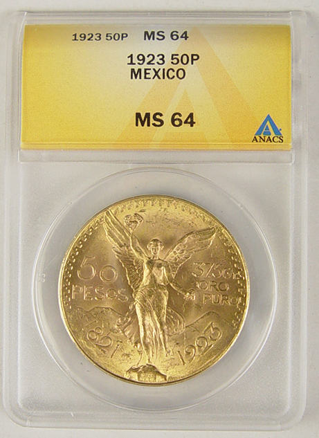 Appraisal: Mexican Pesos Gold Coin ANACS certified and graded MS Great