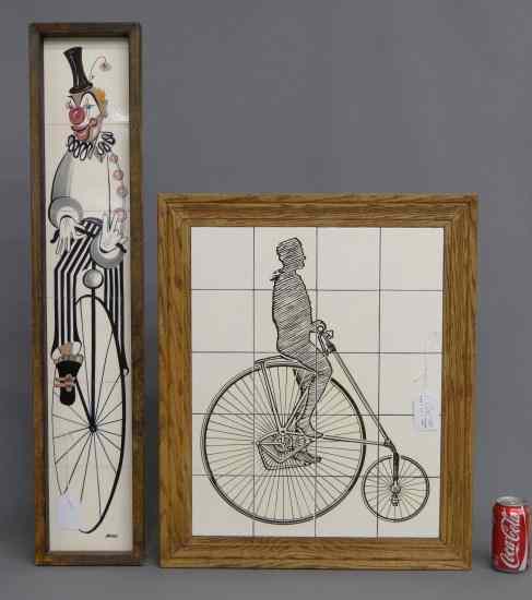 Appraisal: Lot of bicycle related framed tile pictures Clown on highwheel