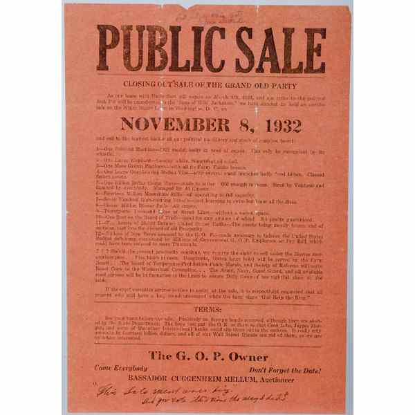 Appraisal: Grand Old Party Close-Out Sale Broadside A satirical broadside lampooning