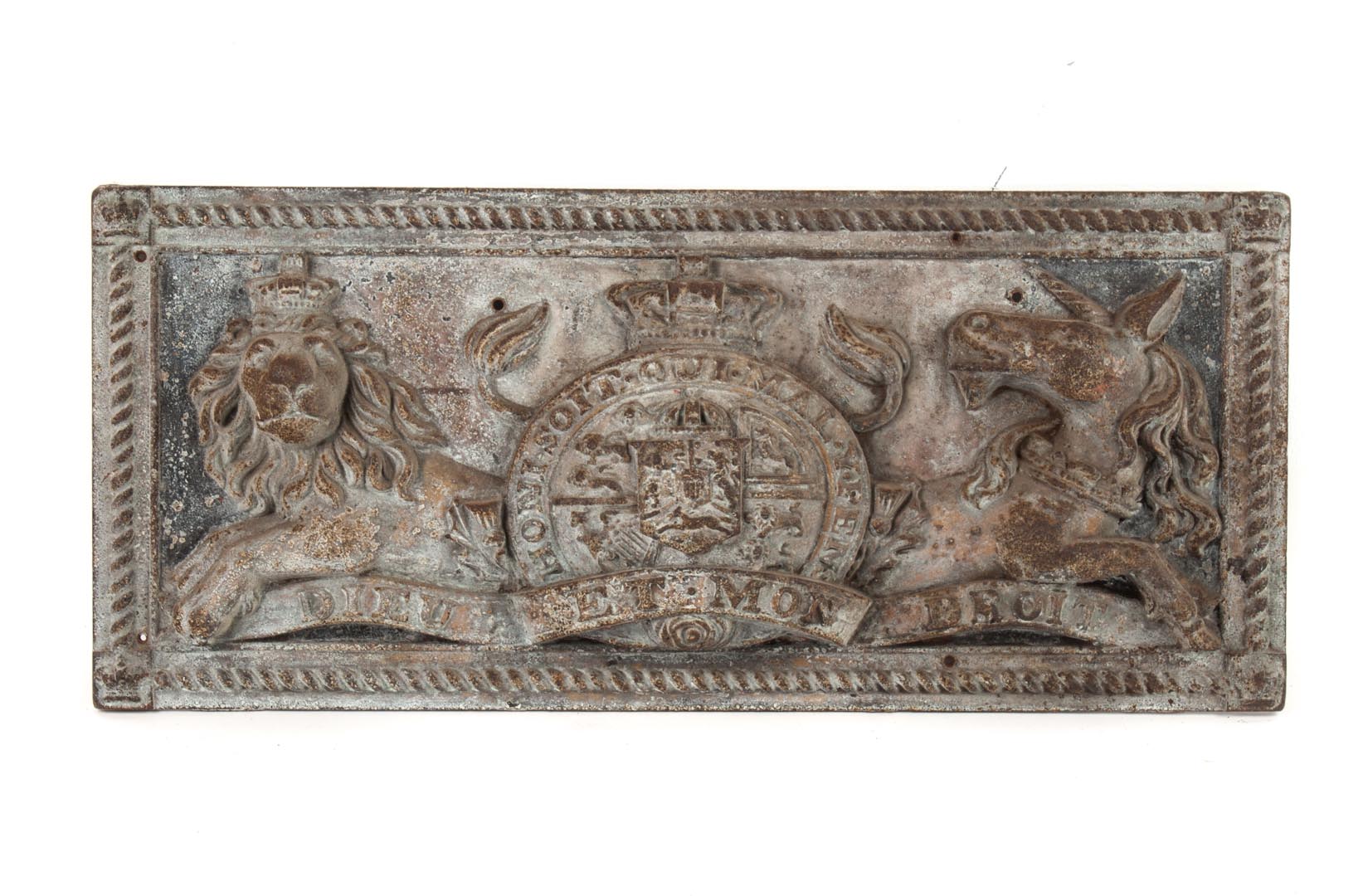 Appraisal: Cast iron armorial relief plaque rectangular plaque with relief decoration