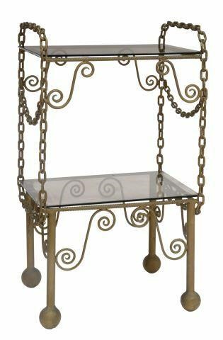 Appraisal: Vintage iron stand side table th c two smoke glass