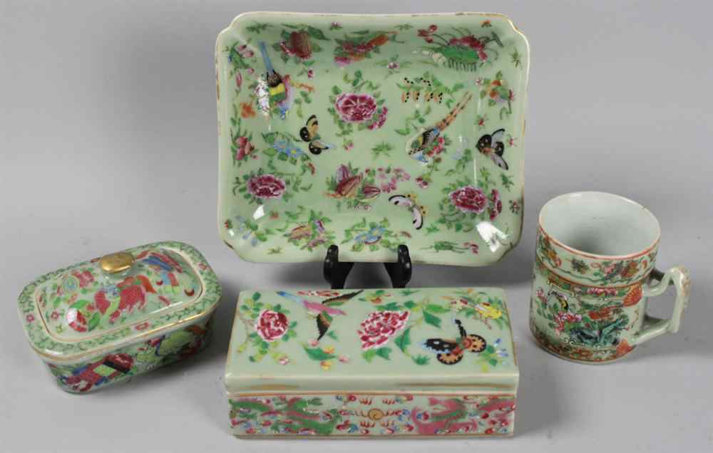 Appraisal: GROUP CHINESE FAMILLE ROSE CELADON PORCELAIN WITH BUTTERFLY DECORATION Brush