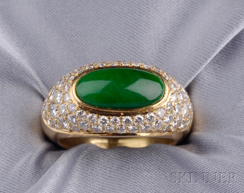 Appraisal: kt Gold Jadeite and Diamond Ring bezel-set with an oval