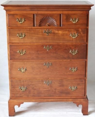 Appraisal: ELDRED WHEELER CHERRY FIVE GRADUATED DRAWERCHEST FAN CARVED LAP DRAWER