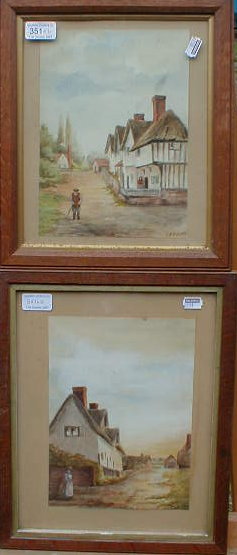 Appraisal: E E H Travis Village scenes with figures by thatched