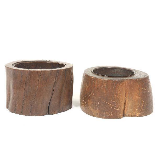 Appraisal: TWO WOOD TREE TRUNK PLANTERS Two planters carved out of