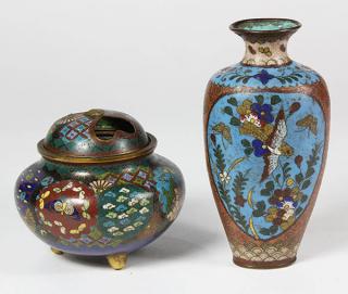 Appraisal: Japanese Cloisonne Vase and Censer c lot of Japanese cloisonne