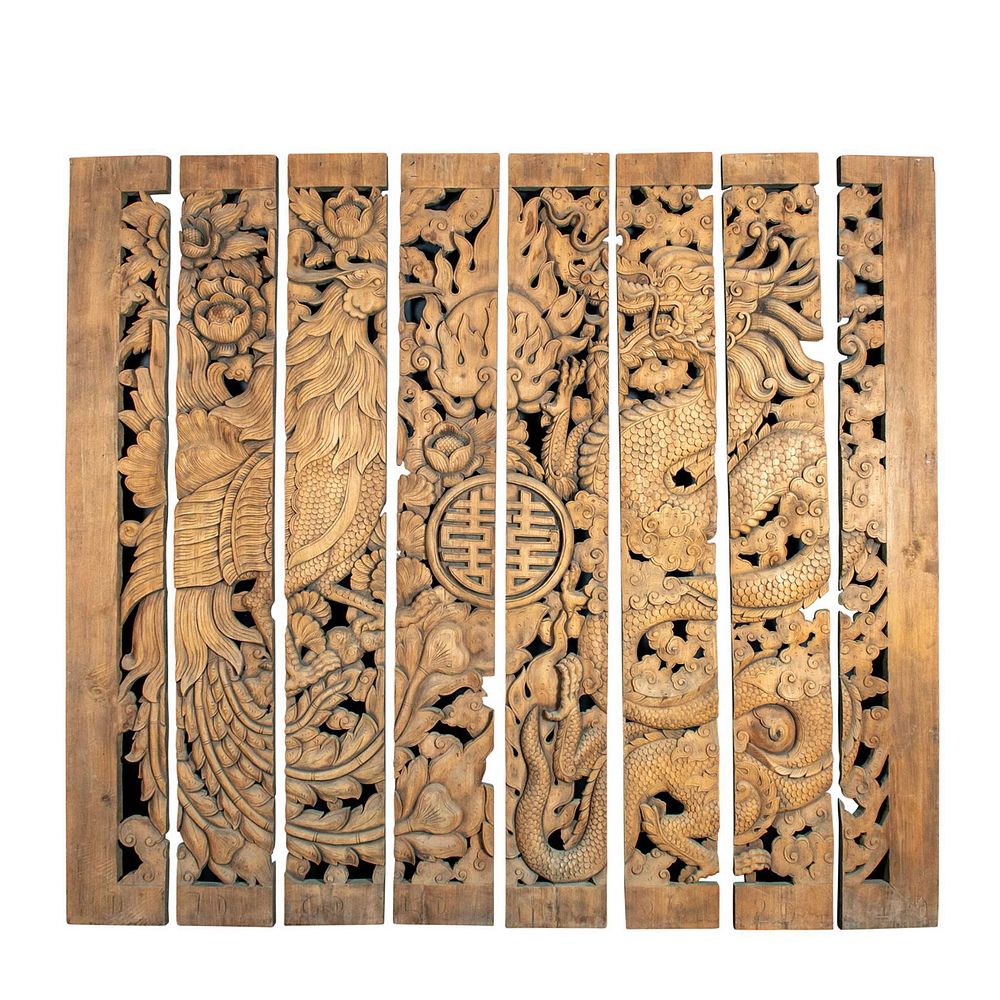 Appraisal: CONTEMPORARY THAI TEAK WOOD SCREEN DRAGON AND PHOENIX Solid hand