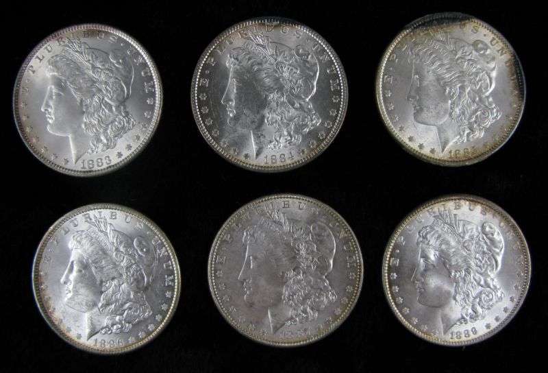 Appraisal: Six BU Philadelphia Morgan Silver Dollars Lustrous surfaces with light