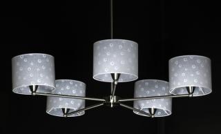 Appraisal: Contemporary chrome chandelier w parchment shades Contemporary chandelier having five