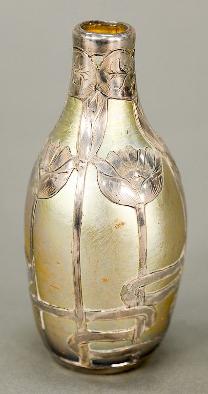 Appraisal: Art glass gold iridescent cabinet vase with heavy silver overlay