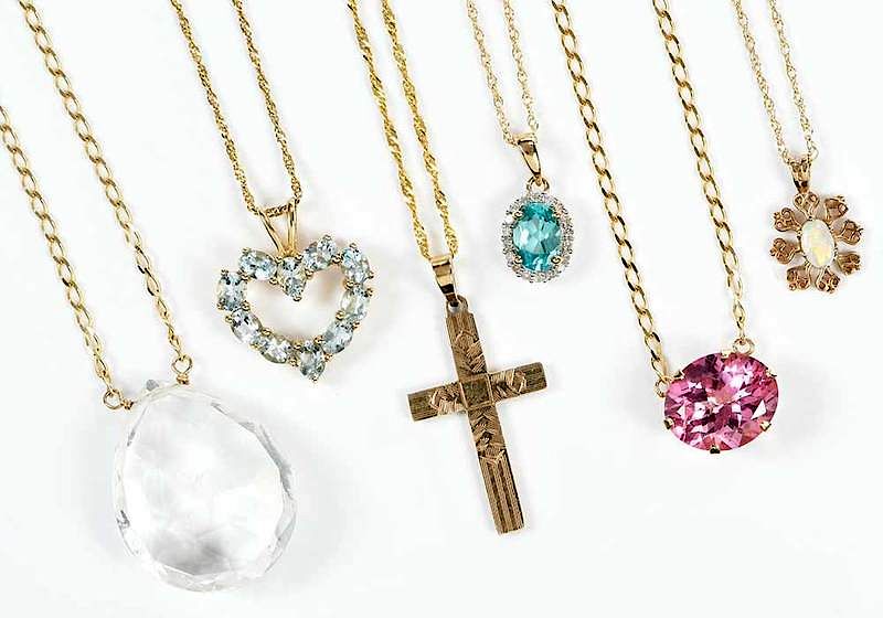 Appraisal: Six Gold Gemstone Necklaces gemstones including opal aquamarine and synthetic