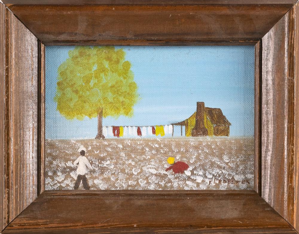 Appraisal: ELED BETTER TH CENTURY SWEET PRIMITIVE PAINTING OF HOMESTEADERS PICKING