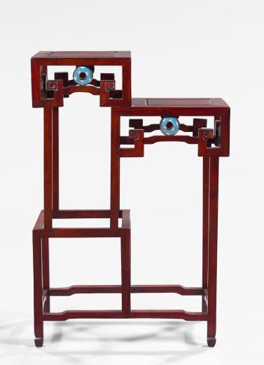 Appraisal: Chinese Cloisonne-Mounted Mahogany Stepped Double-Pedestal Stand in the Ch'ien Lung