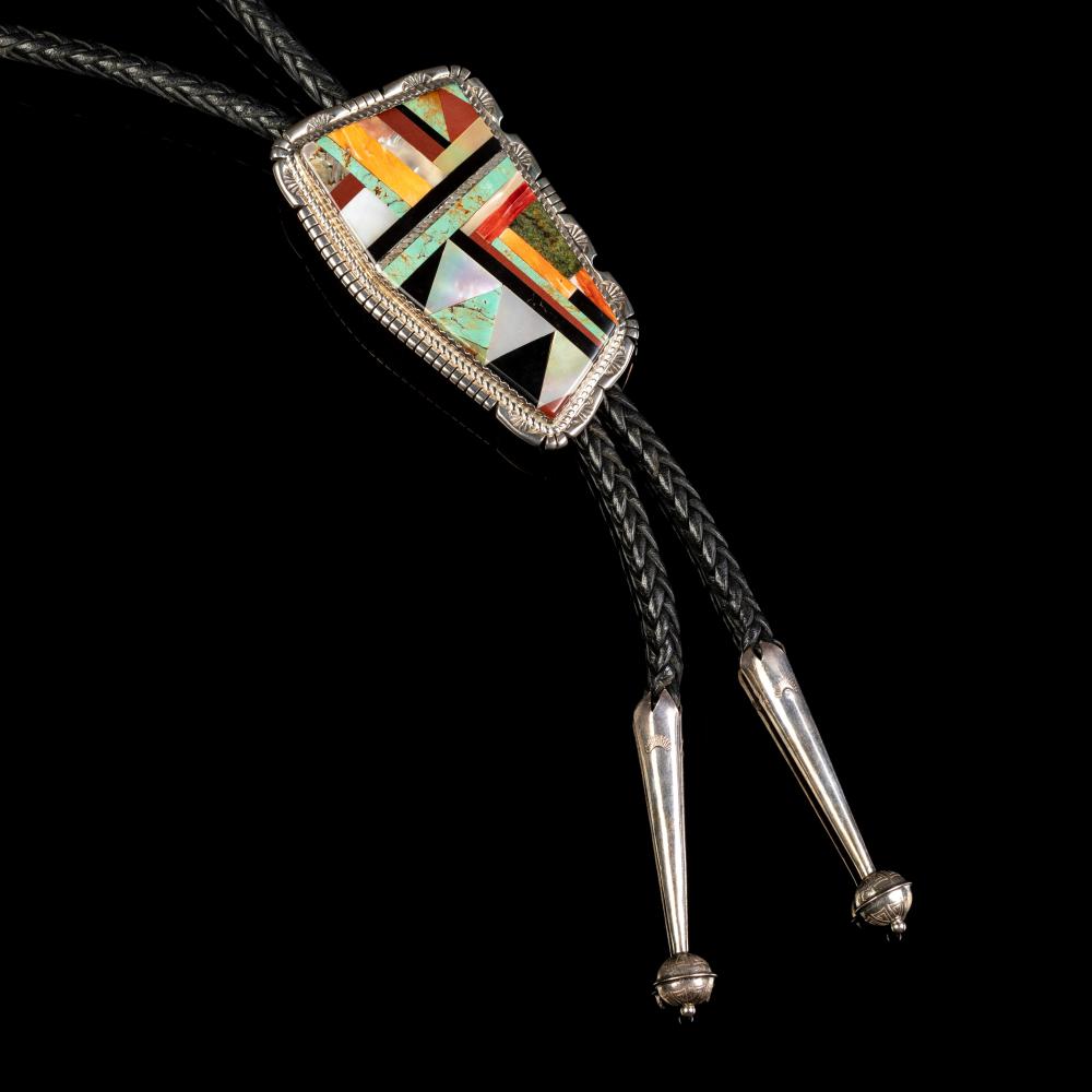 Appraisal: JIMMY CALABAZA CA'WIN SILVER AND STONE INLAY MOSAIC BOLO TIEJimmy