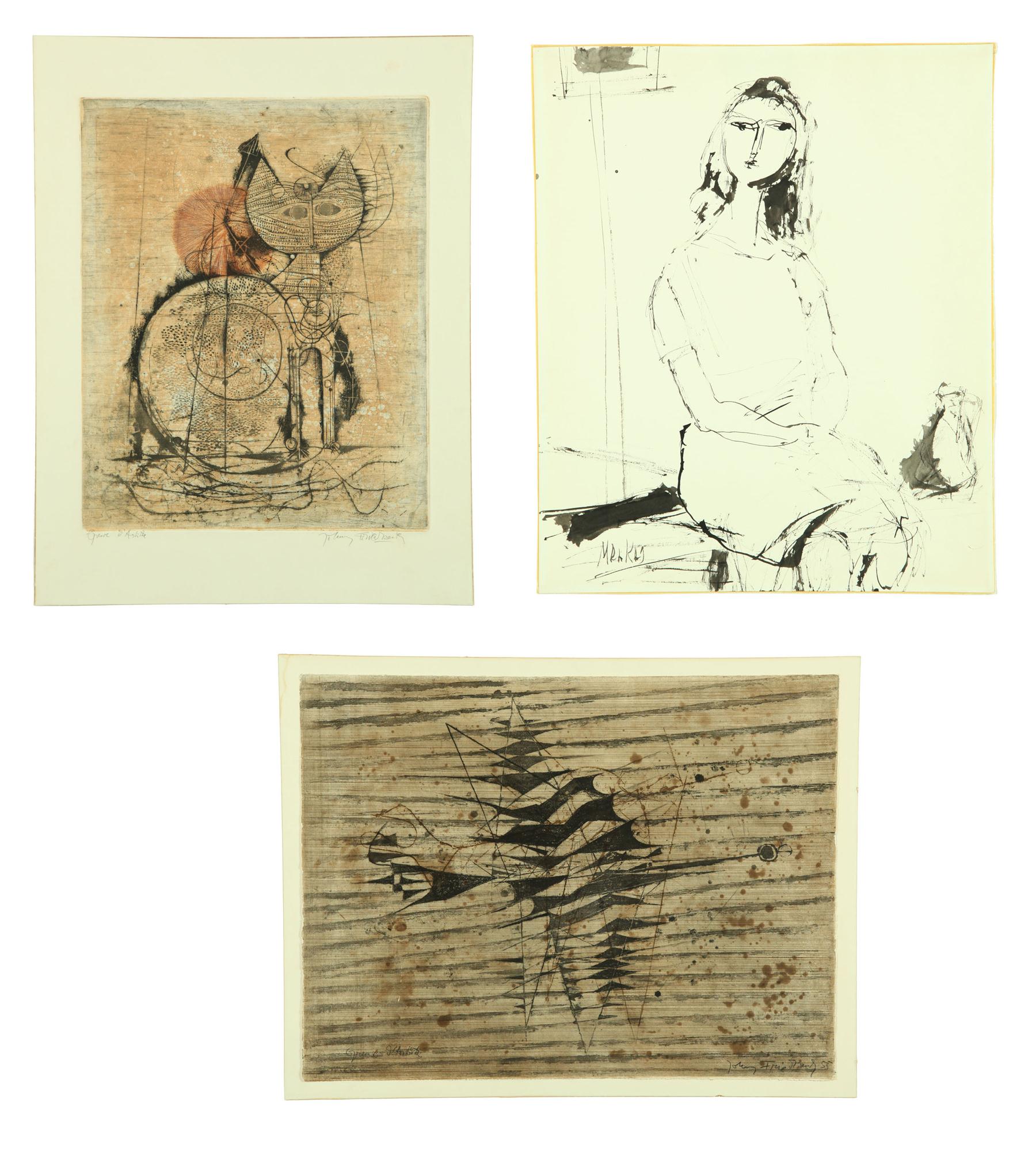 Appraisal: DRAWING AND TWO PRINTS Two abstract lithographs on paper by