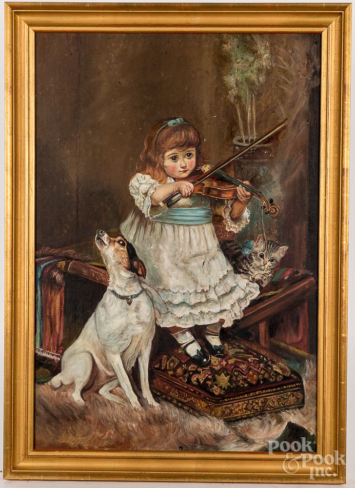 Appraisal: Oil on canvas portrait of a young girl and dog