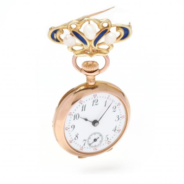 Appraisal: LADY'S VINTAGE GOLD AND ENAMEL OPEN FACE POCKET WATCH AND