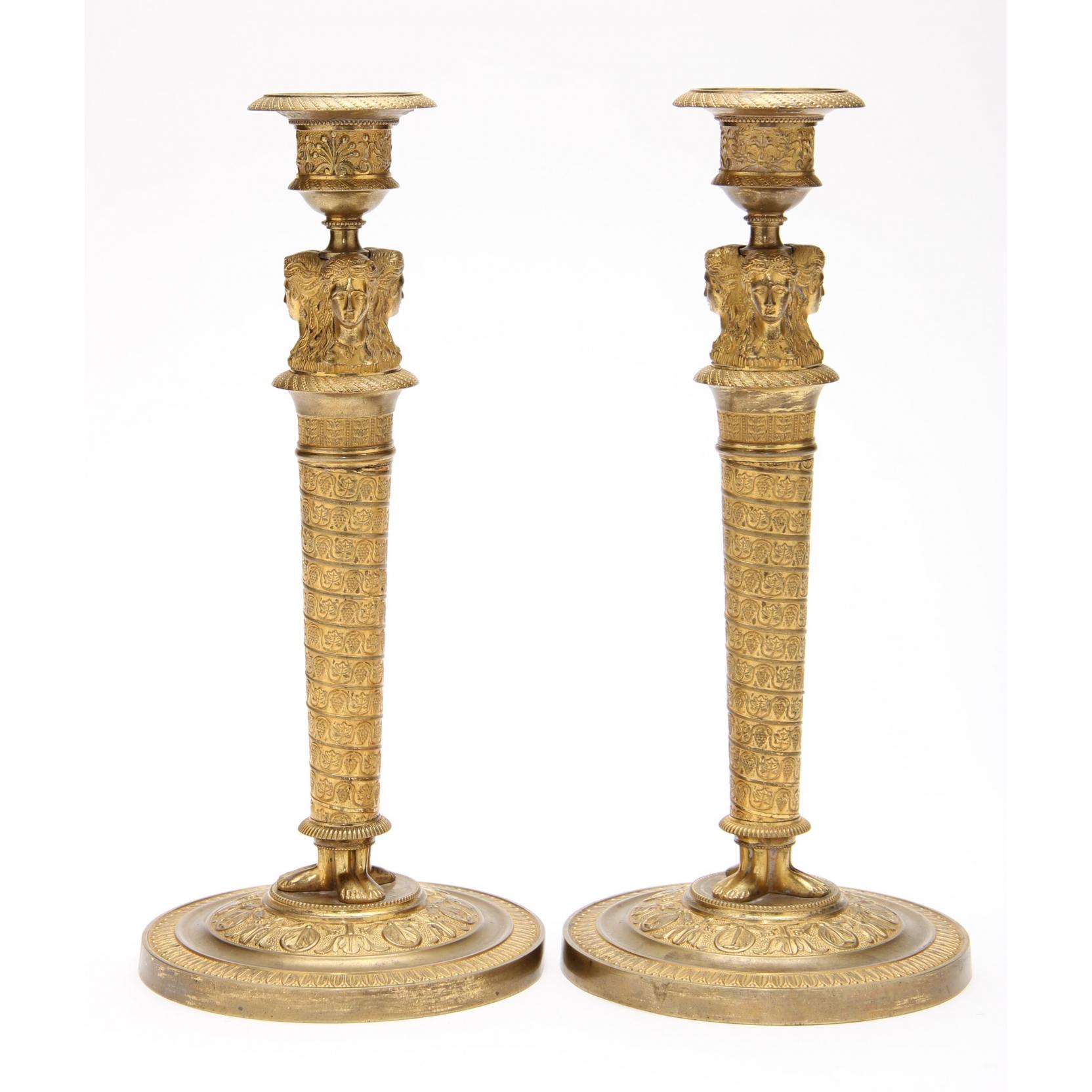 Appraisal: Pair of French Greek Revival Brass Candlesticks circa caryatid form