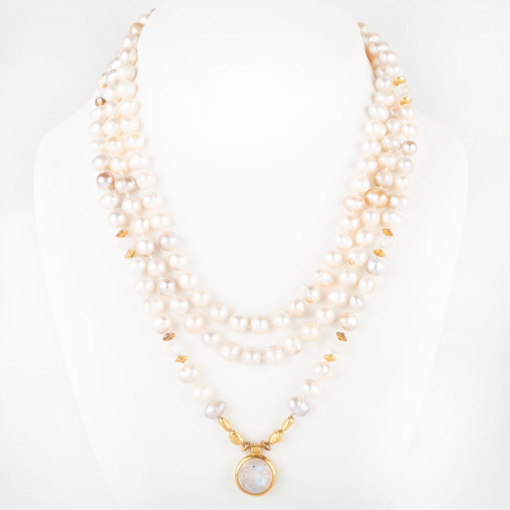 Appraisal: Cultured Freshwater Pearl Necklace with Gold and Moonstone Pendant Together