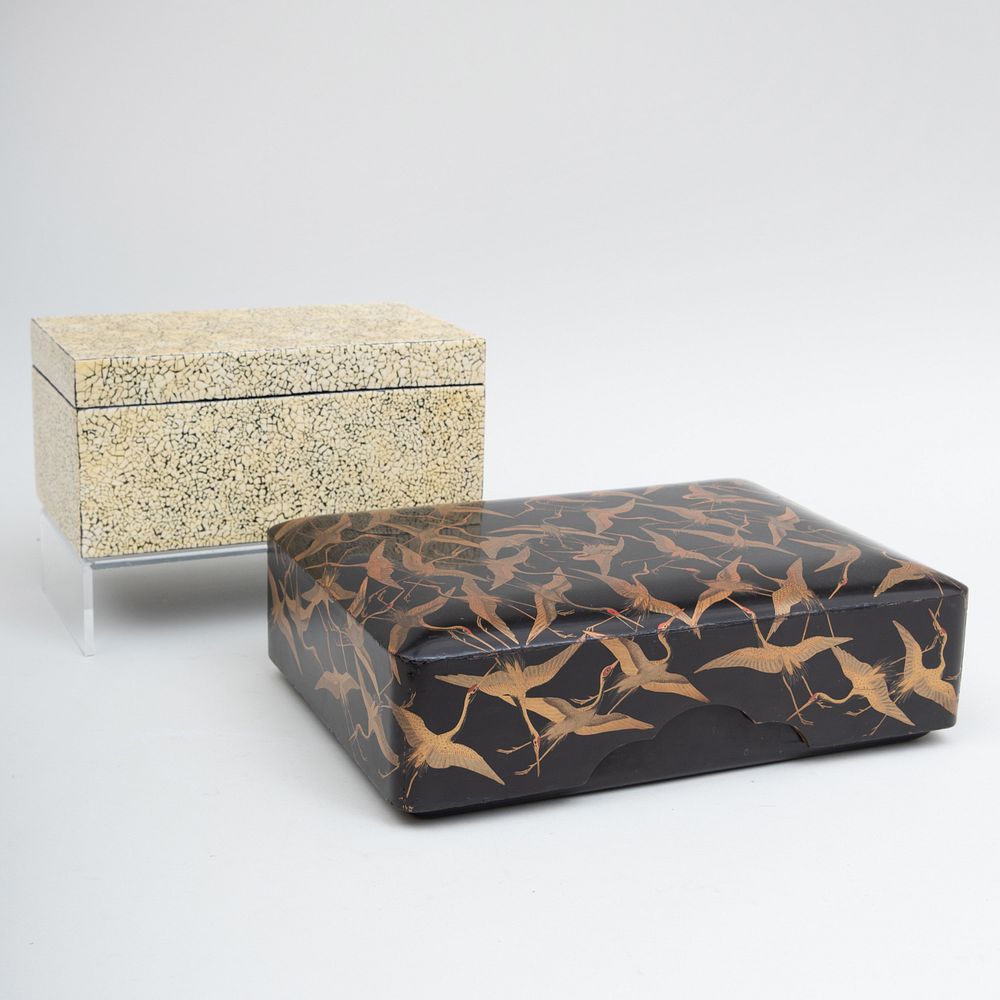 Appraisal: Asian Lacquer Document Box Decorated with Cranes and an Eggshell