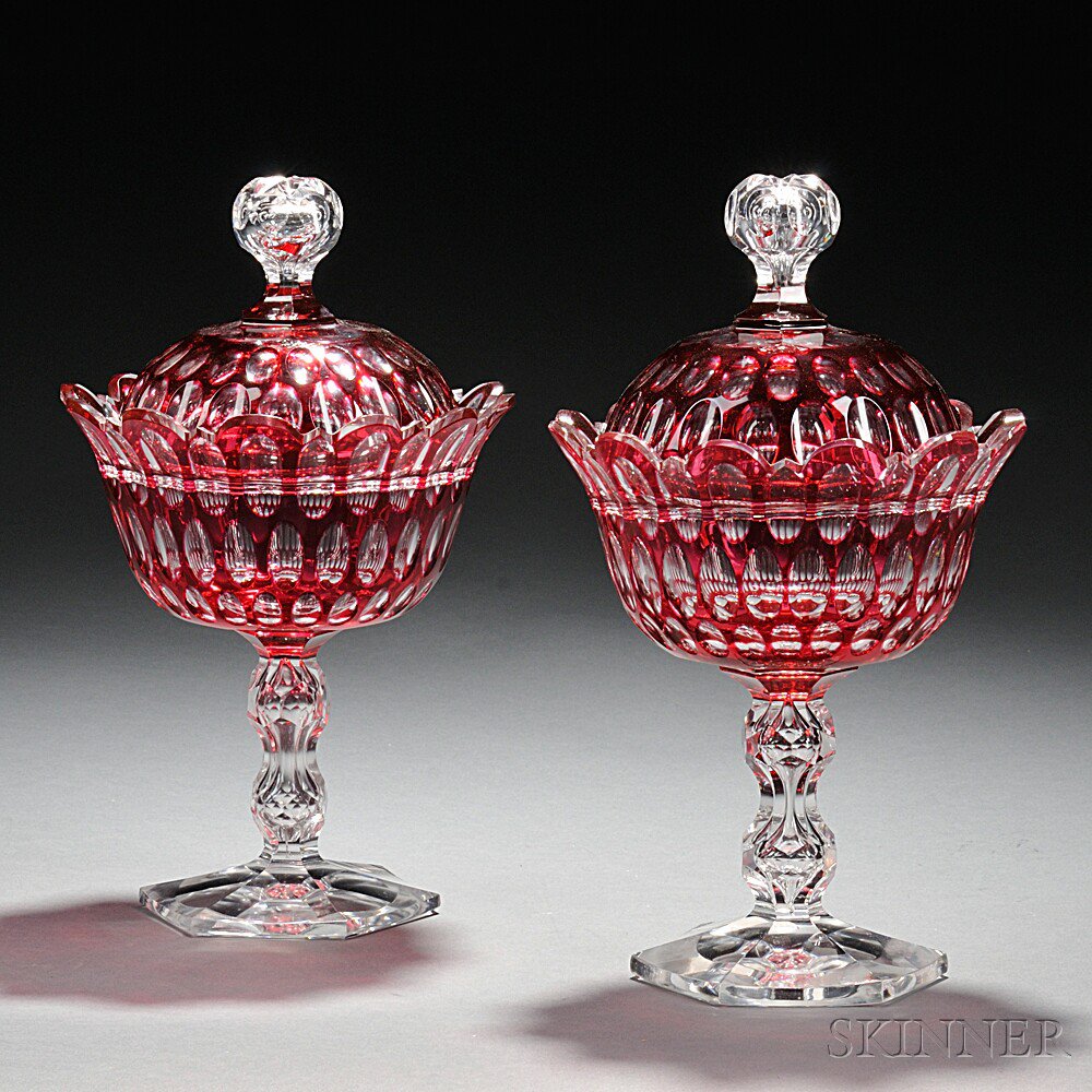 Appraisal: Three Ruby Cut-to-Clear Glass Covered Items late th early th