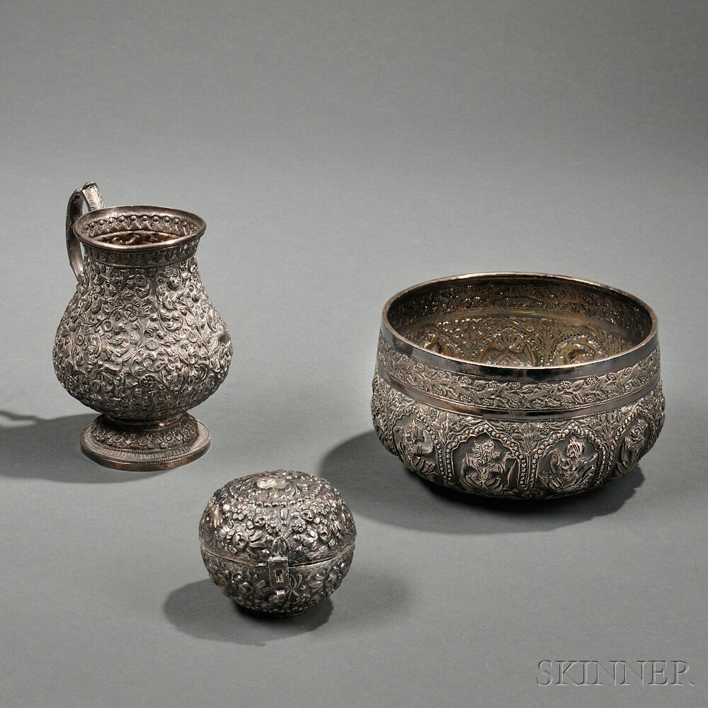 Appraisal: Three Pieces of Middle Eastern or Indian Silver Hollowware late