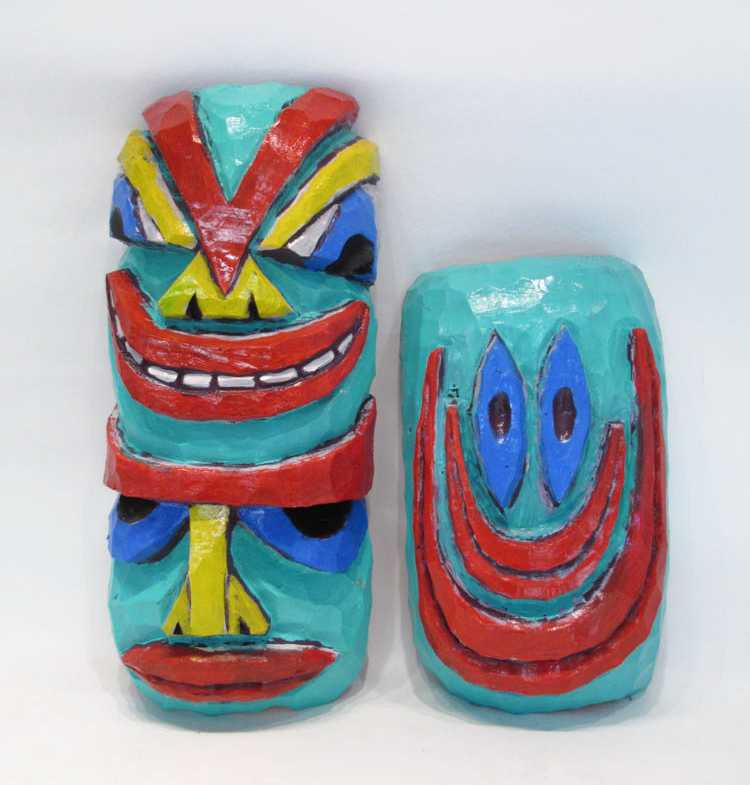 Appraisal: TOM CRAMER TWO PAINTED AND CARVED WOOD MASKS Oregon born