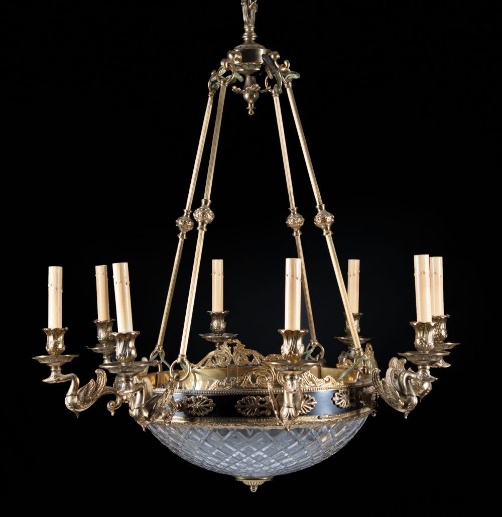 Appraisal: Empire-Style Bronze and Cut Glass Eight-Light Chandelier swan-form arms h