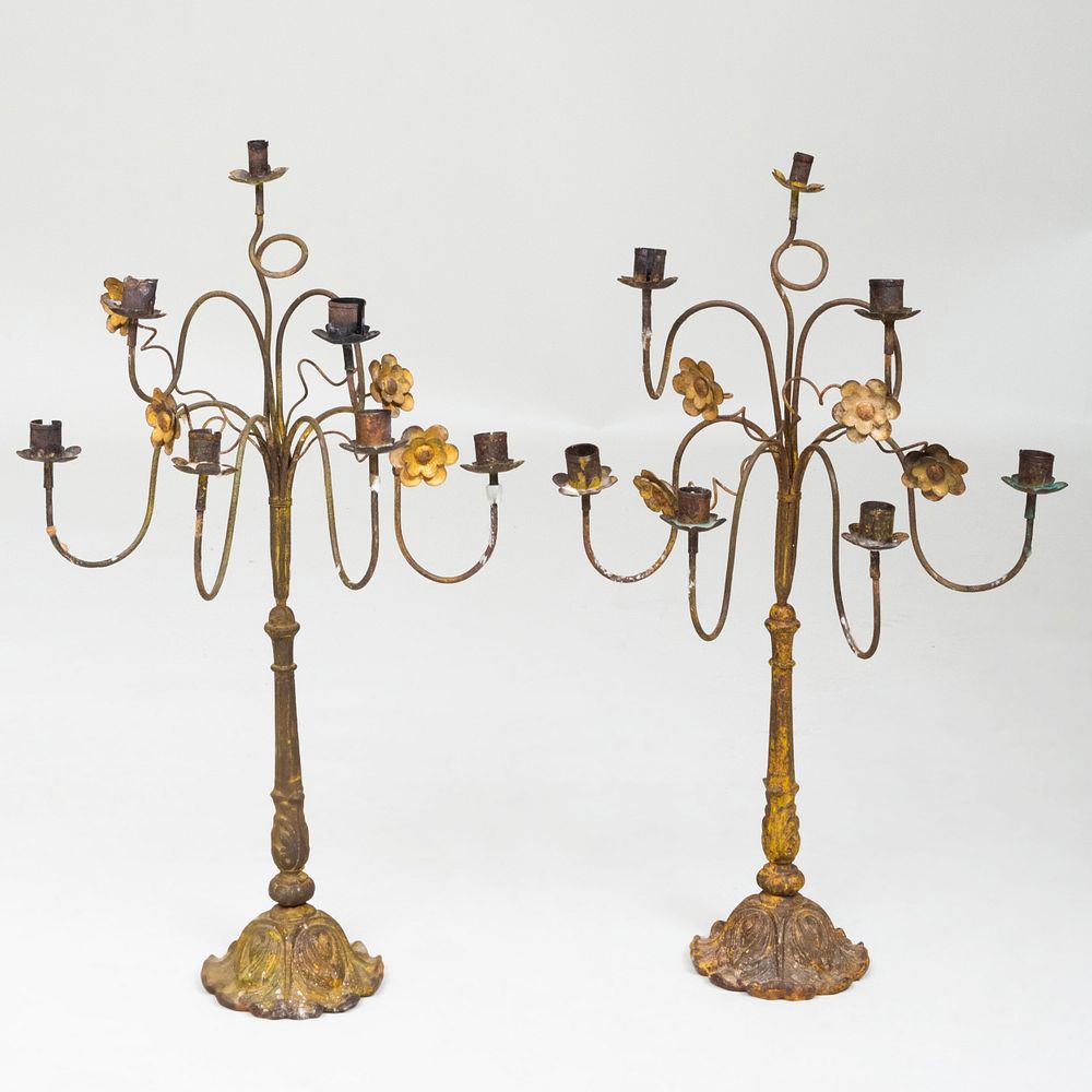 Appraisal: Pair of French Gilt-Metal Seven-Light Candelabra x x in Masterful