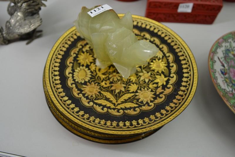 Appraisal: THREE ETCHED GILDED RUSSIAN WALL PLATES AND AN ONYX ELEPHANT