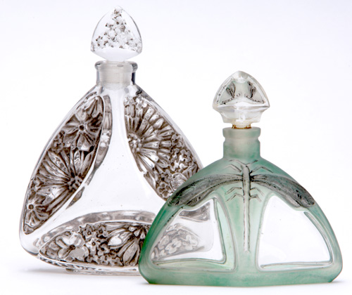 Appraisal: FRENCH Two Art Nouveau perfume bottles in clear and frosted