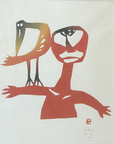 Appraisal: Osamu Yamaguchi Japanese Stencil Man and Crow Yamaguchi Osamu b