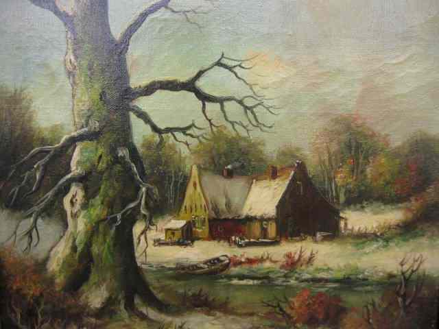 Appraisal: Anton Muller oil Winter Landscape withfarm along a stream on