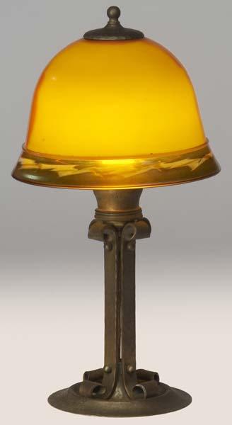 Appraisal: ROYCROFT Brass-washed hammered copper table lamp no with riveted strap