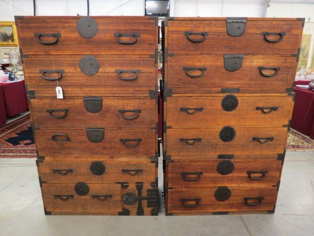 Appraisal: Oriental Stacking Cabinets campaign style handled two drawers one has