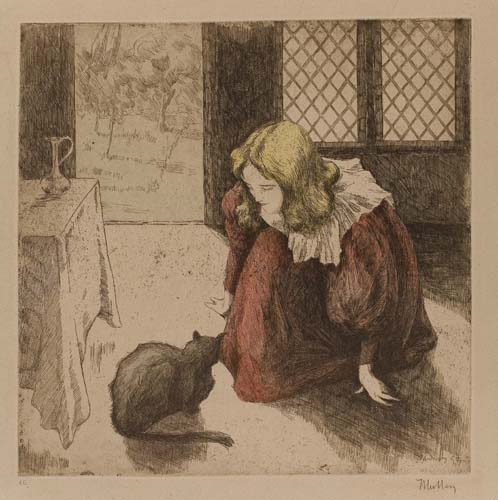 Appraisal: ALFREDO M LLER Jenne fille avec un chat Color etching