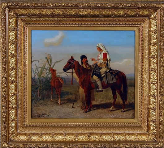 Appraisal: Woman on horseback with man and colt at edge of