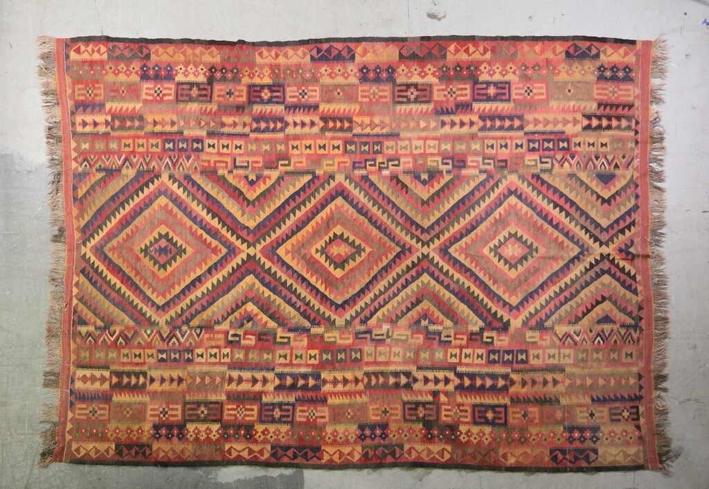 Appraisal: Room size Afghani rug th century Fringed edges and three