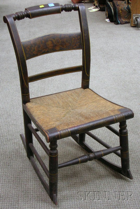 Appraisal: Diminutive Painted and Stencil Decorated Wooden Rocker with rush seat