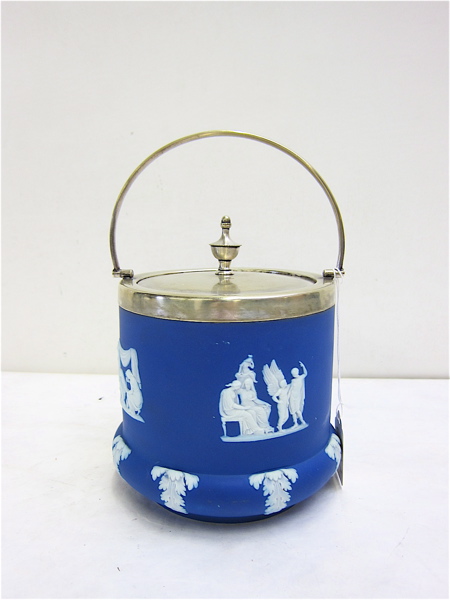 Appraisal: WEDGWOOD JASPERWARE BISCUIT BARREL having silverplated lid and handle Height