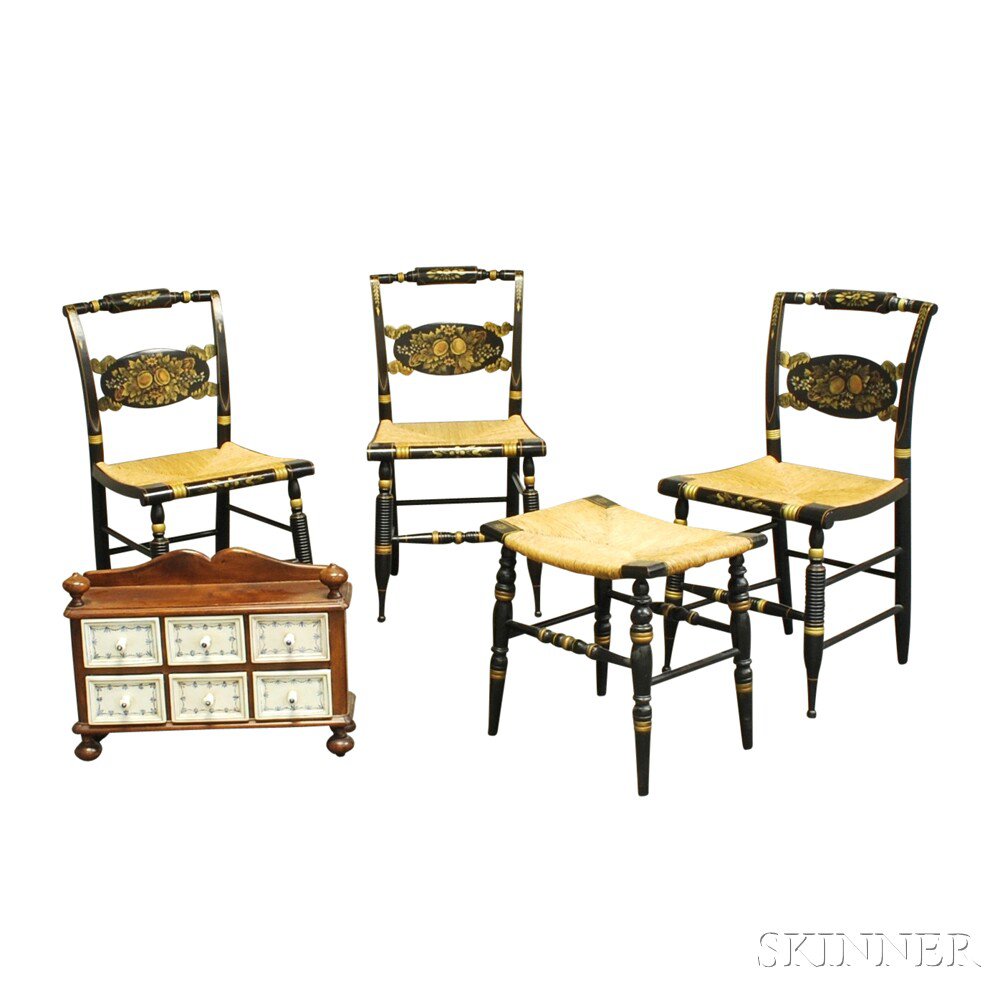 Appraisal: Three Painted Hitchcock Chairs and Stool and a Small Spice