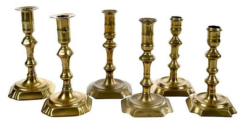 Appraisal: Three Pairs Georgian Brass Candlesticks British th century all with