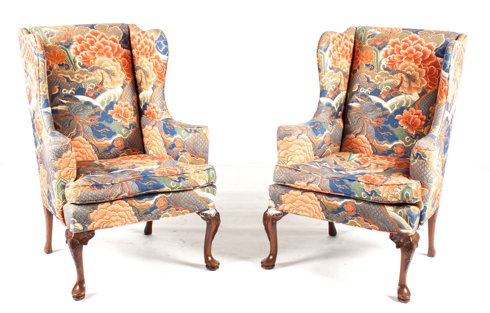 Appraisal: Pair of Queen Anne style mahogany wing chairs th century