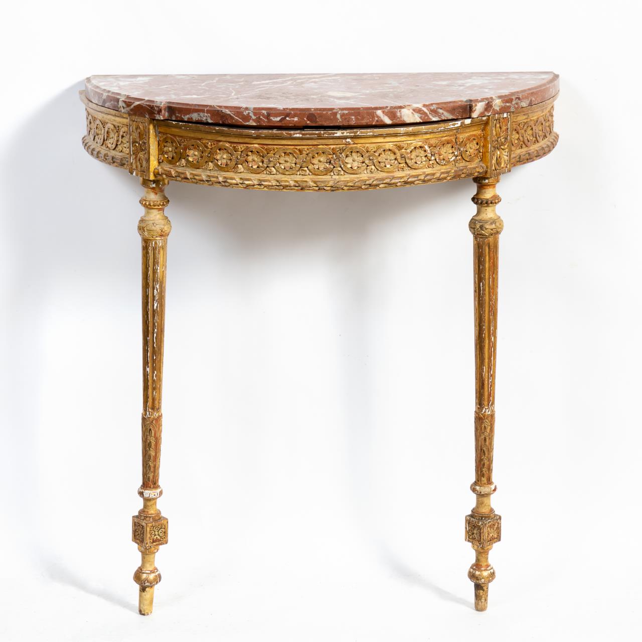 Appraisal: LOUIS XVI STYLE GILTWOOD MARBLE TOP DEMILUNE TABLE French late