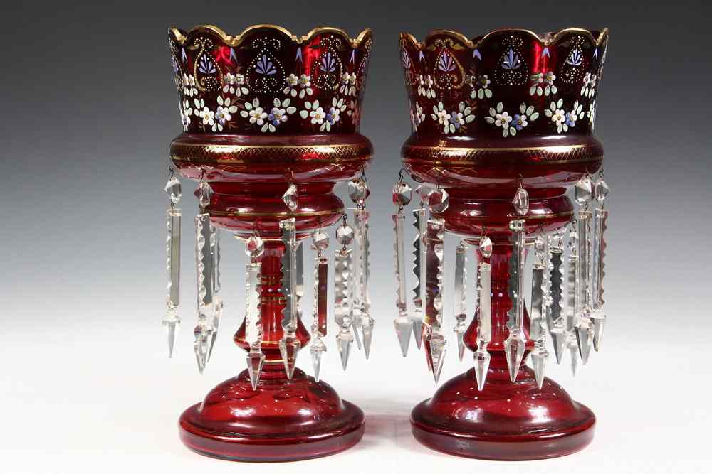 Appraisal: PAIR MANTLE LUSTRES - Pair of th c Blown RubyFlashed