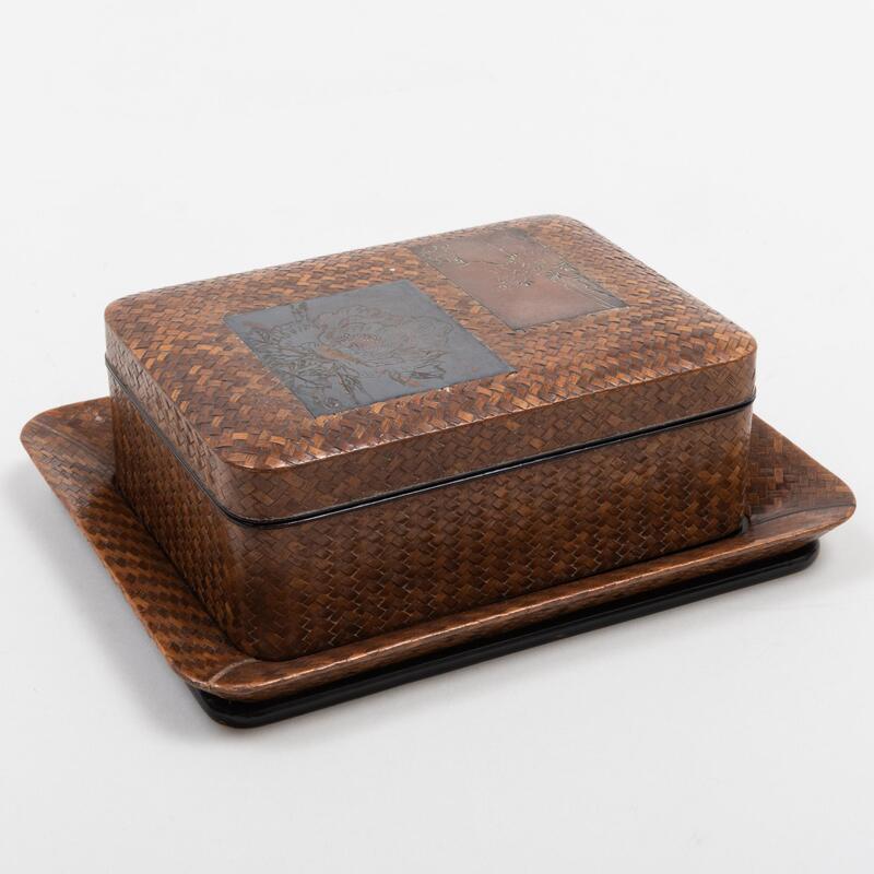 Appraisal: Japanese Woven Table Box Inset with Metal Plaques on Tray