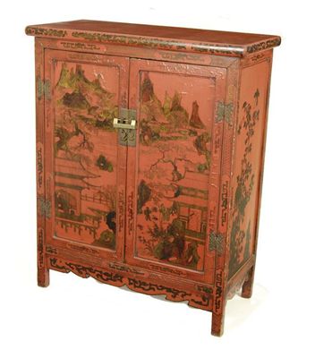 Appraisal: A Chinese red lacquer cabinet decorated with pagoda and water