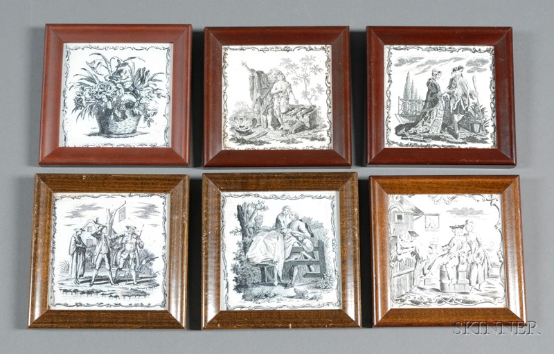 Appraisal: Six Framed Transfer-decorated Pottery Tiles John Sadler Merseyside England -